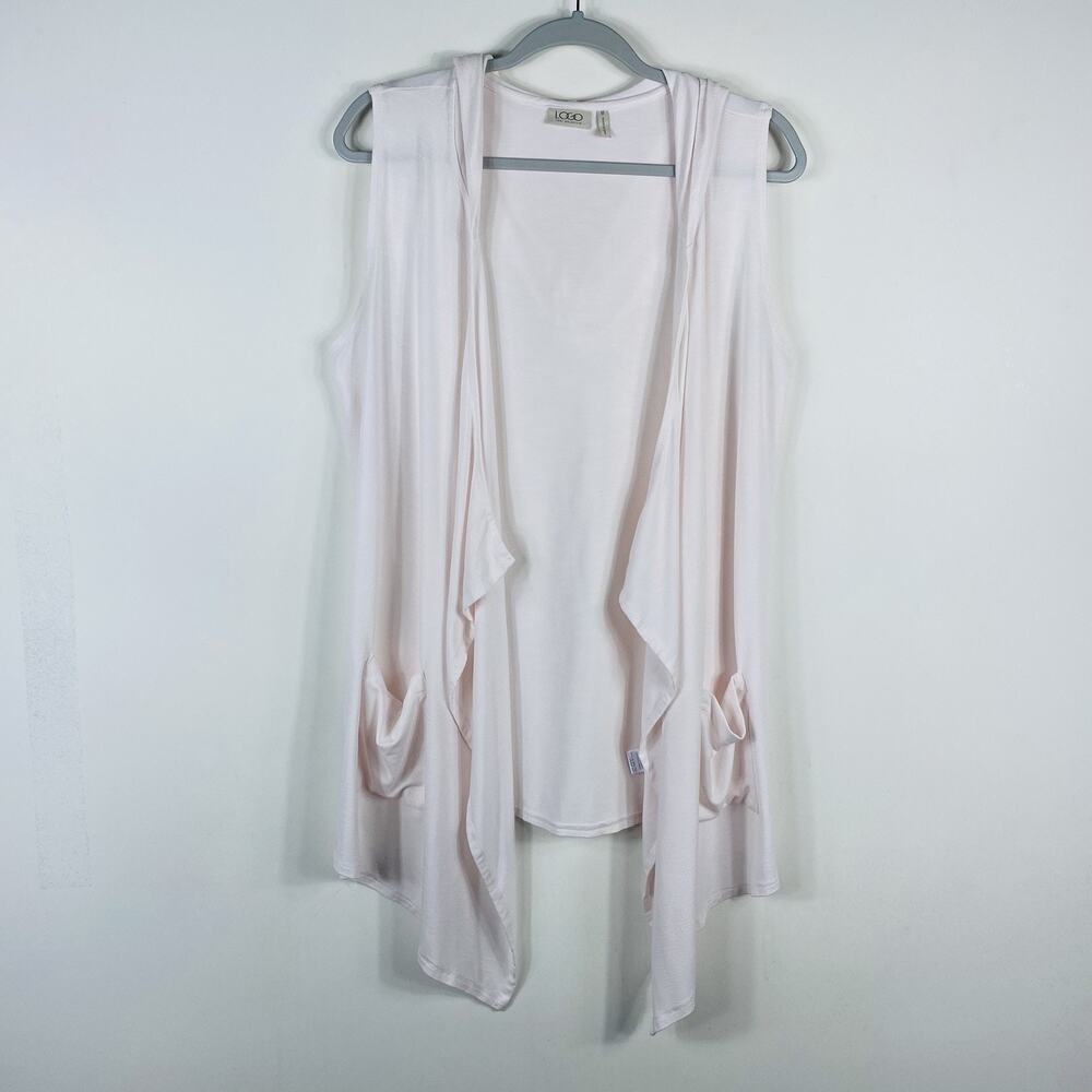 LOGO Lori Goldstein Size Medium Open Front Knit Vest with Hood Light Pink